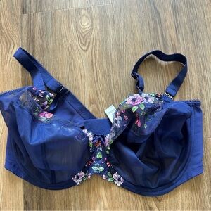 Elomi Himari Midnight Plunge Blue Bra US 42J Floral Embroidery Underwire $72
